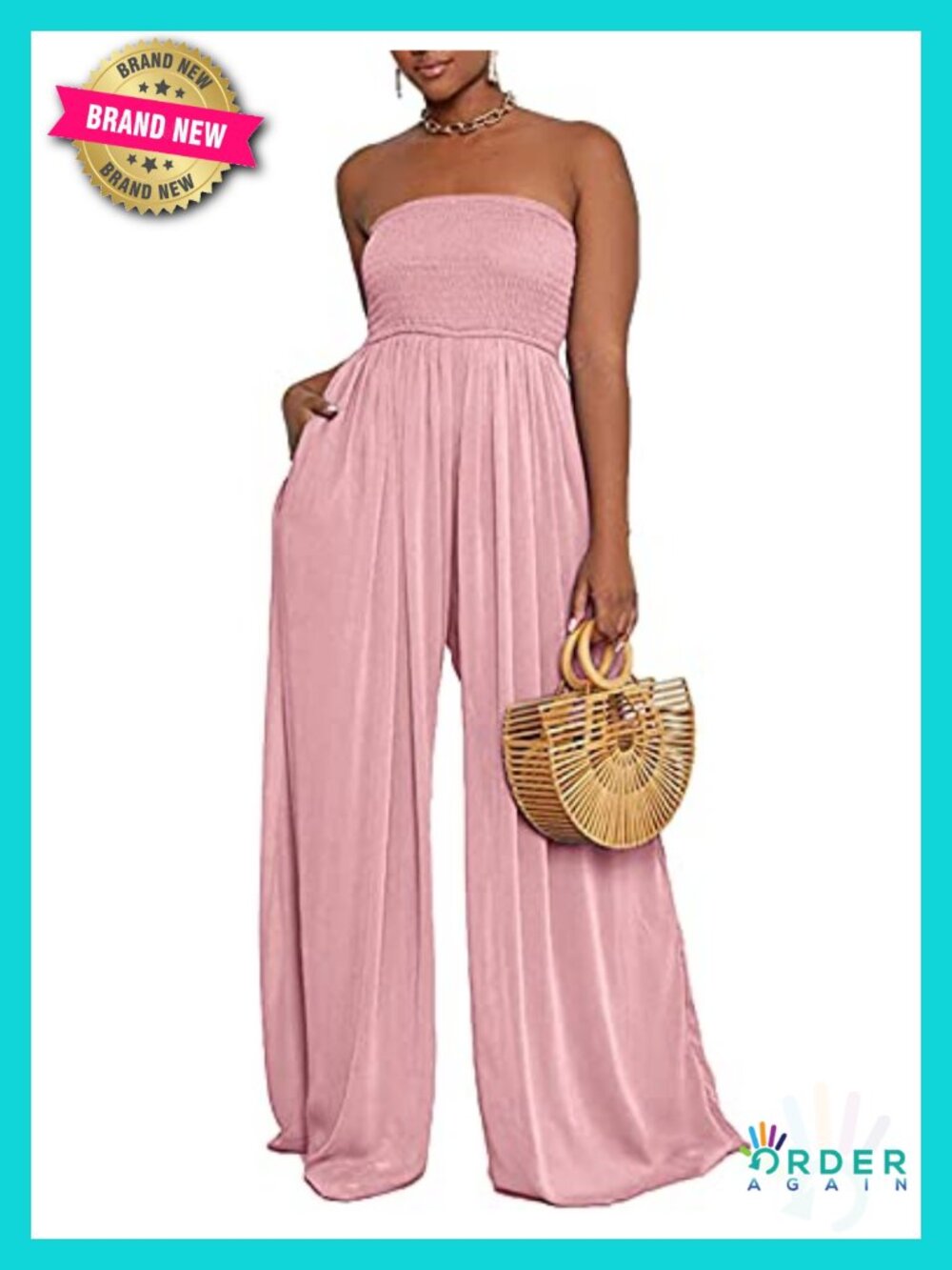 Strapless Wide Leg Jumpsuit Smocked Stretchy Bodycon